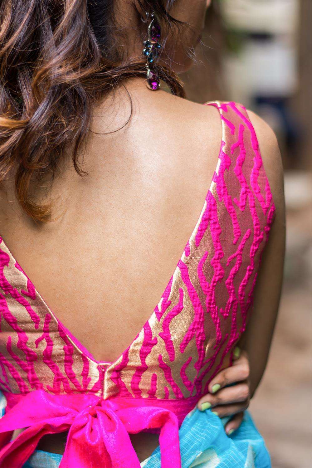 Fuchsia pink brocade V neck blouse with bow tie - House of Blouse