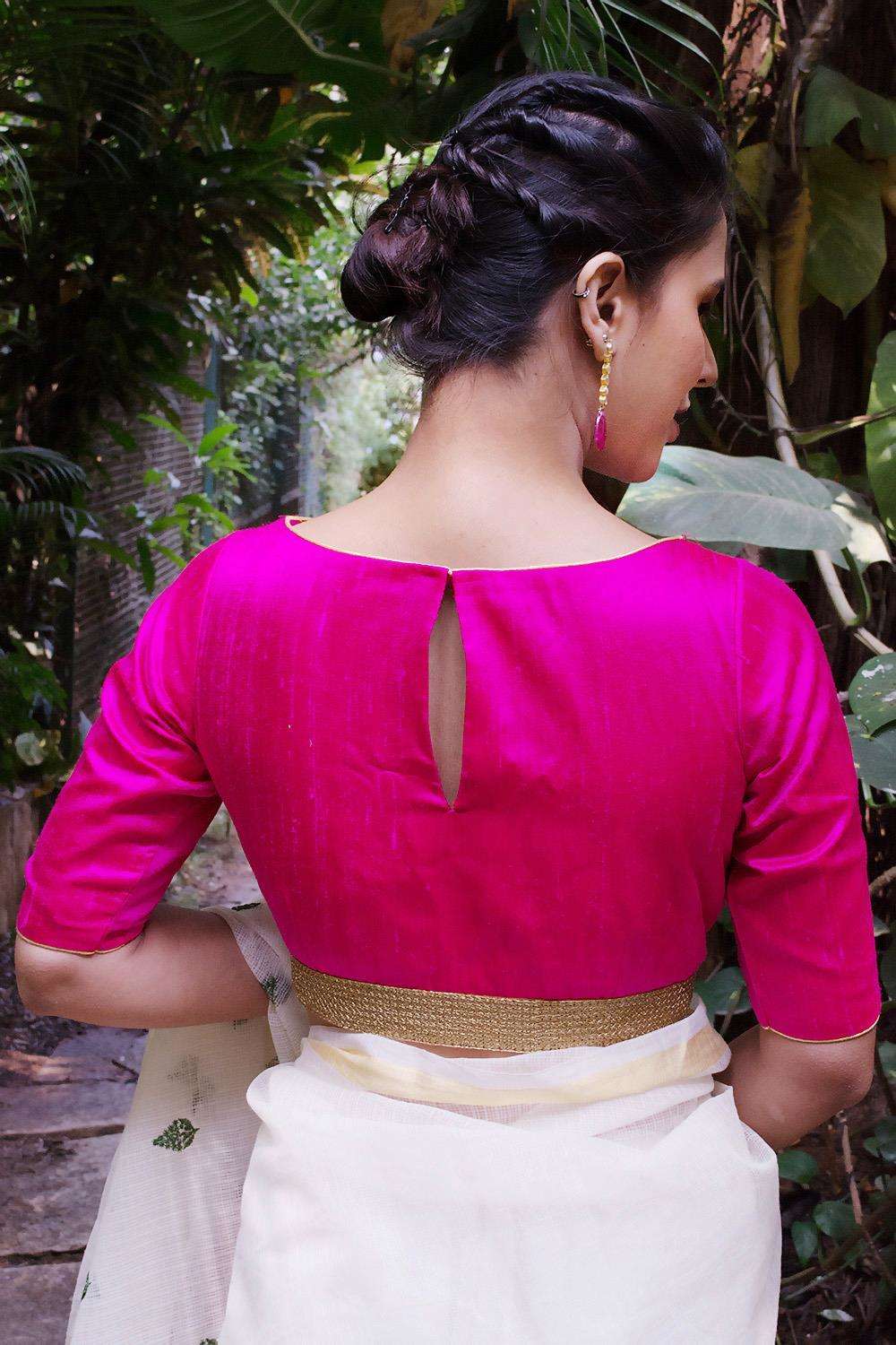 Fuchsia raw silk boatneck blouse with gold sequin border - House of Blouse