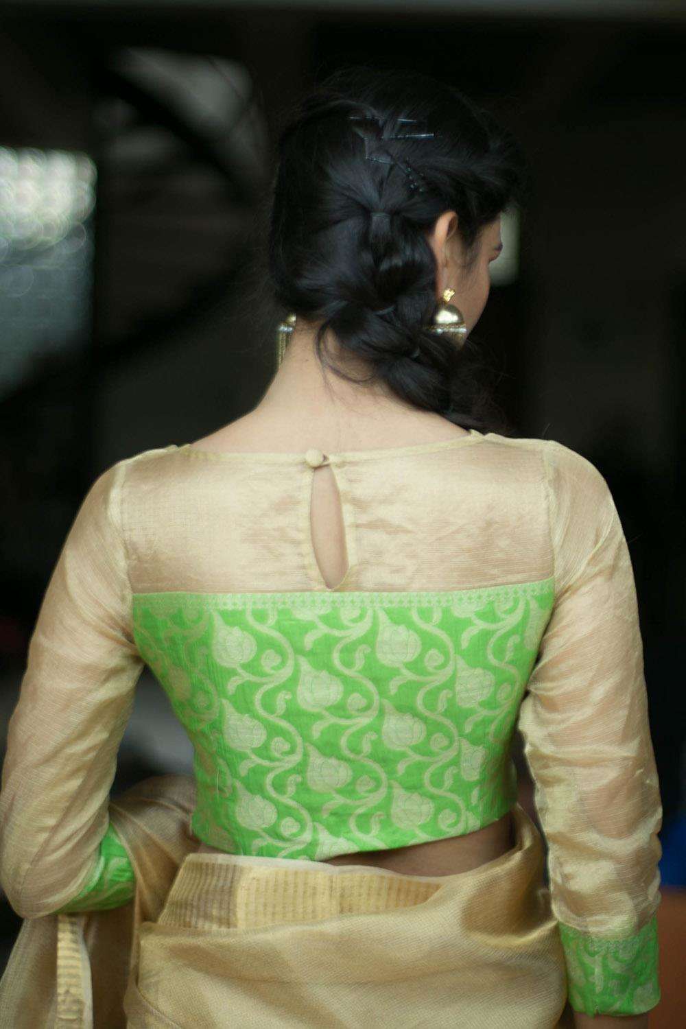 Gold tissue kota and lime green brocade sheer yoke blouse - House of Blouse