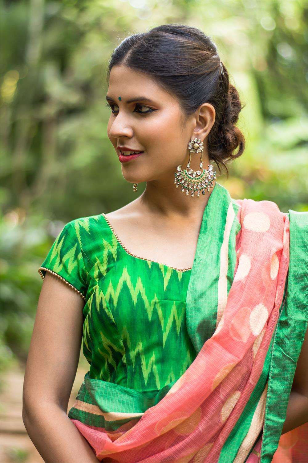 Green Ikat silk cotton sheer back blouse with applique - House of Blouse