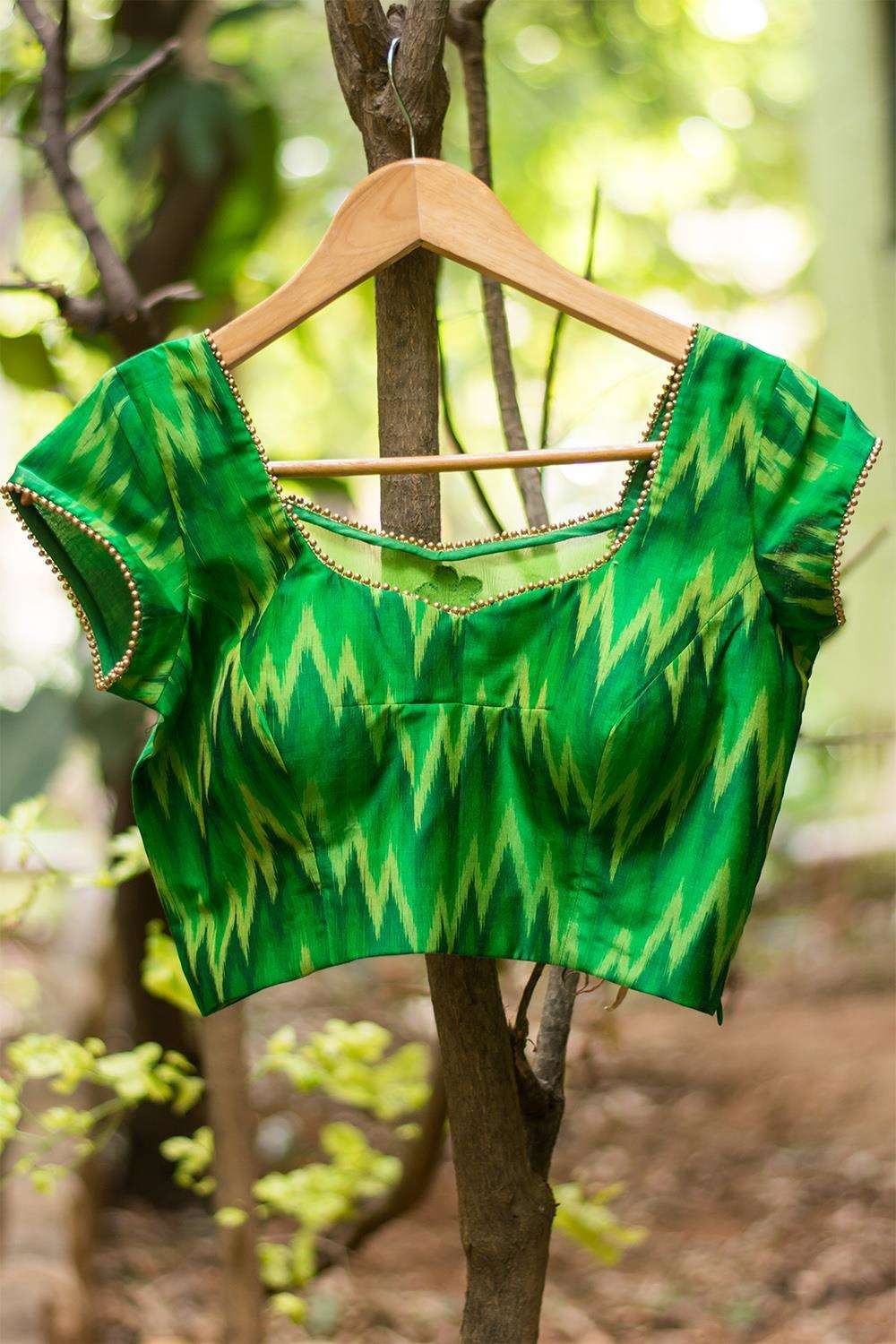 Green Ikat silk cotton sheer back blouse with applique - House of Blouse