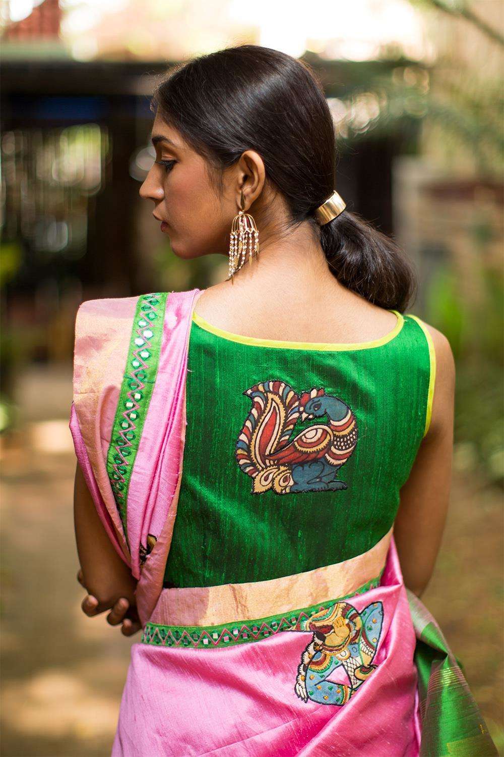 Green raw silk boat neck blouse - House of Blouse