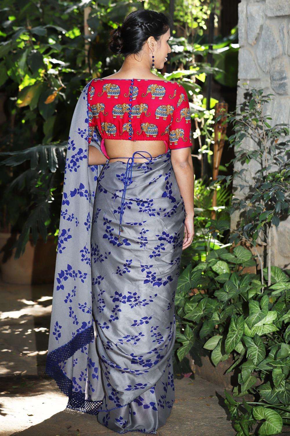 Grey rayon saree with royal blue leaf print and embroidered scallop edging - House of Blouse