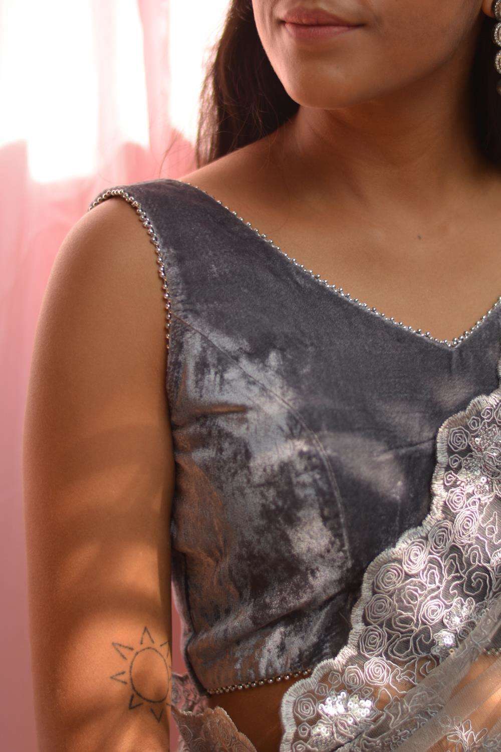 Grey velvet V neck blouse with silver bead edging - House of Blouse