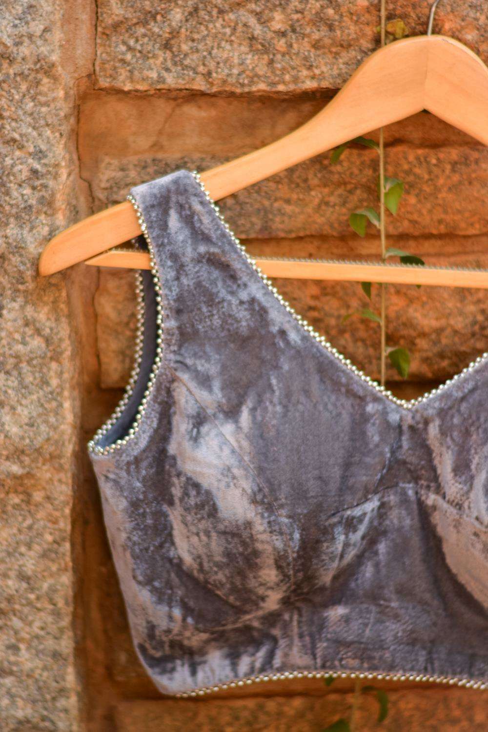 Grey velvet V neck blouse with silver bead edging - House of Blouse