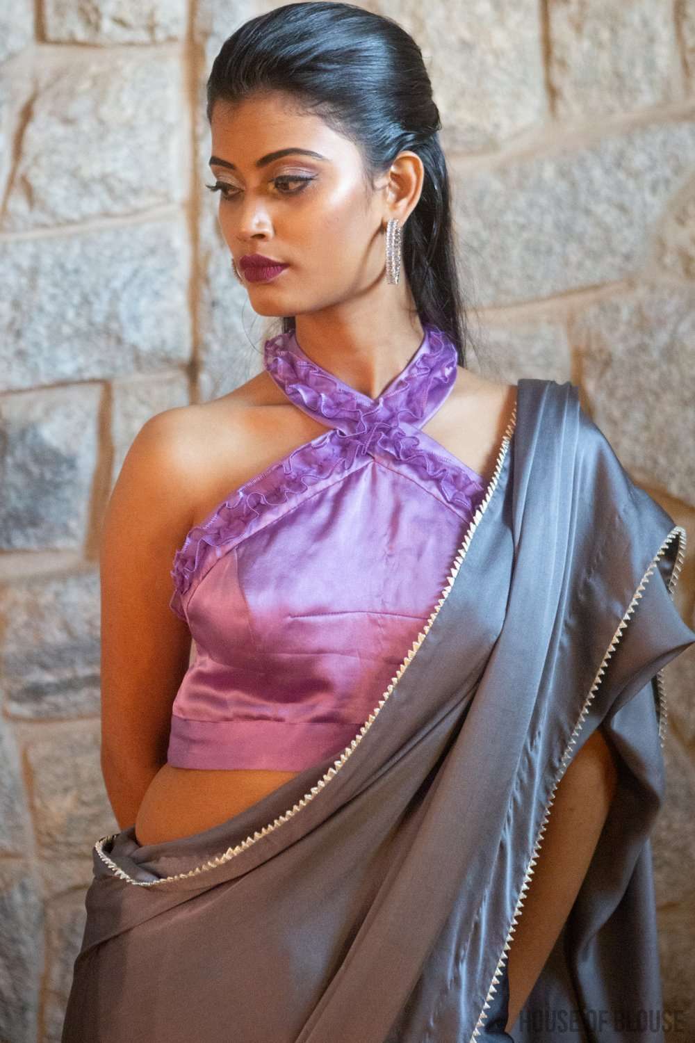 Lilac halter blouse in pure silk satin with ruched silk organza detailing - House of Blouse