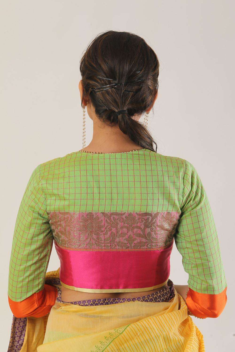 Lime green chanderi silk wide neck blouse with border detailing - House of Blouse