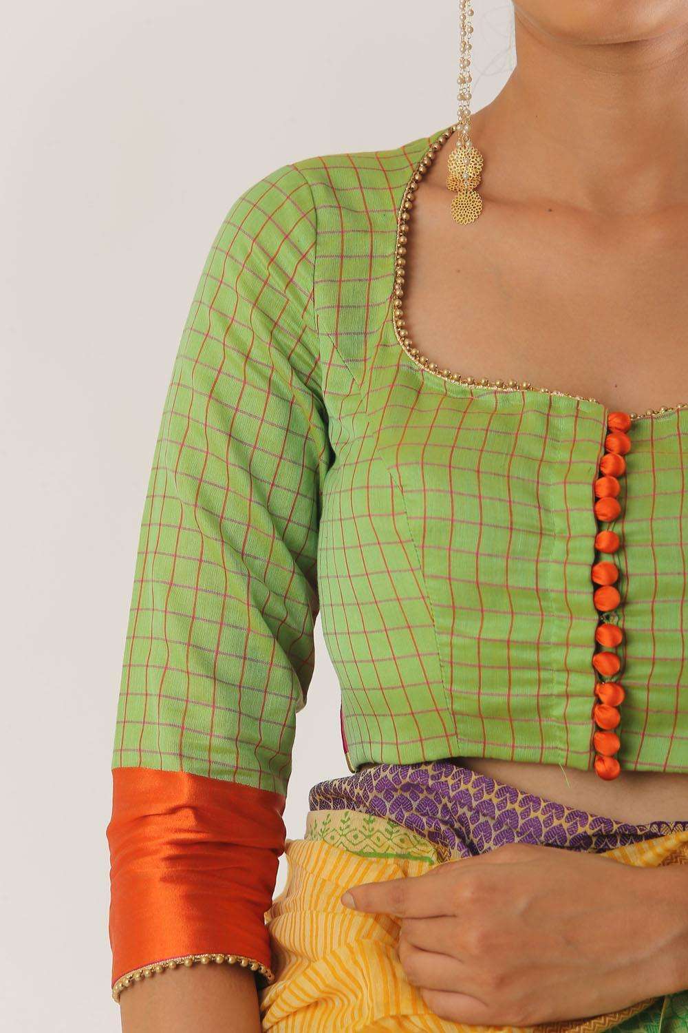 Lime green chanderi silk wide neck blouse with border detailing - House of Blouse