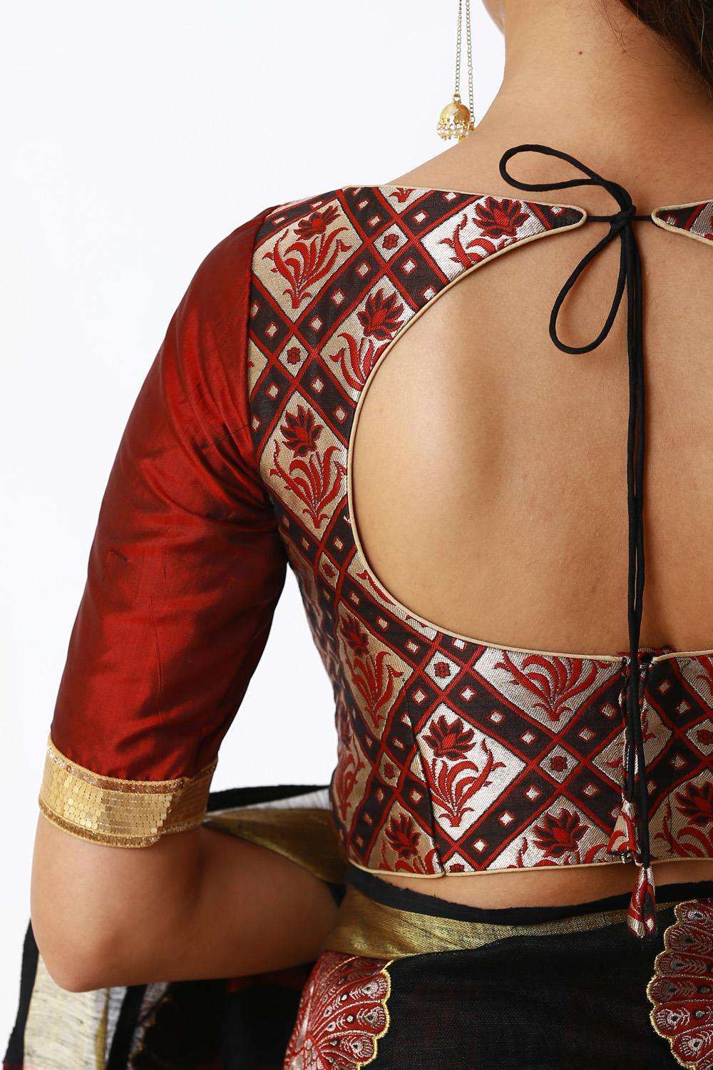 Maroon and black brocade boatneck blouse - House of Blouse