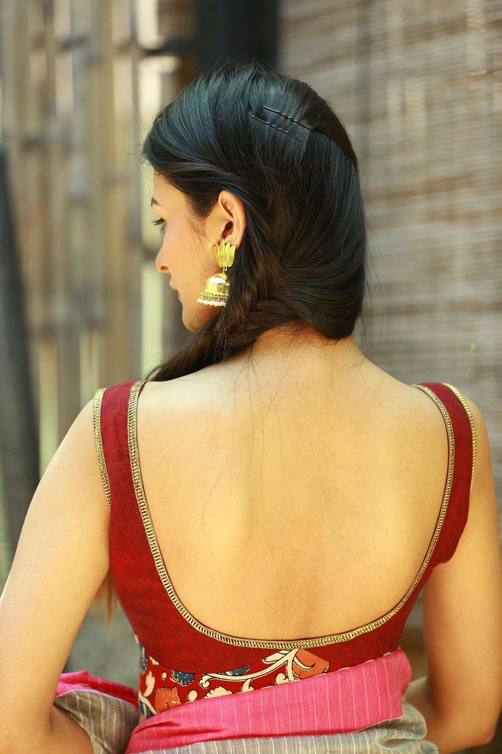 Maroon khadi sleeveless blouse with kalamkari band - House of Blouse