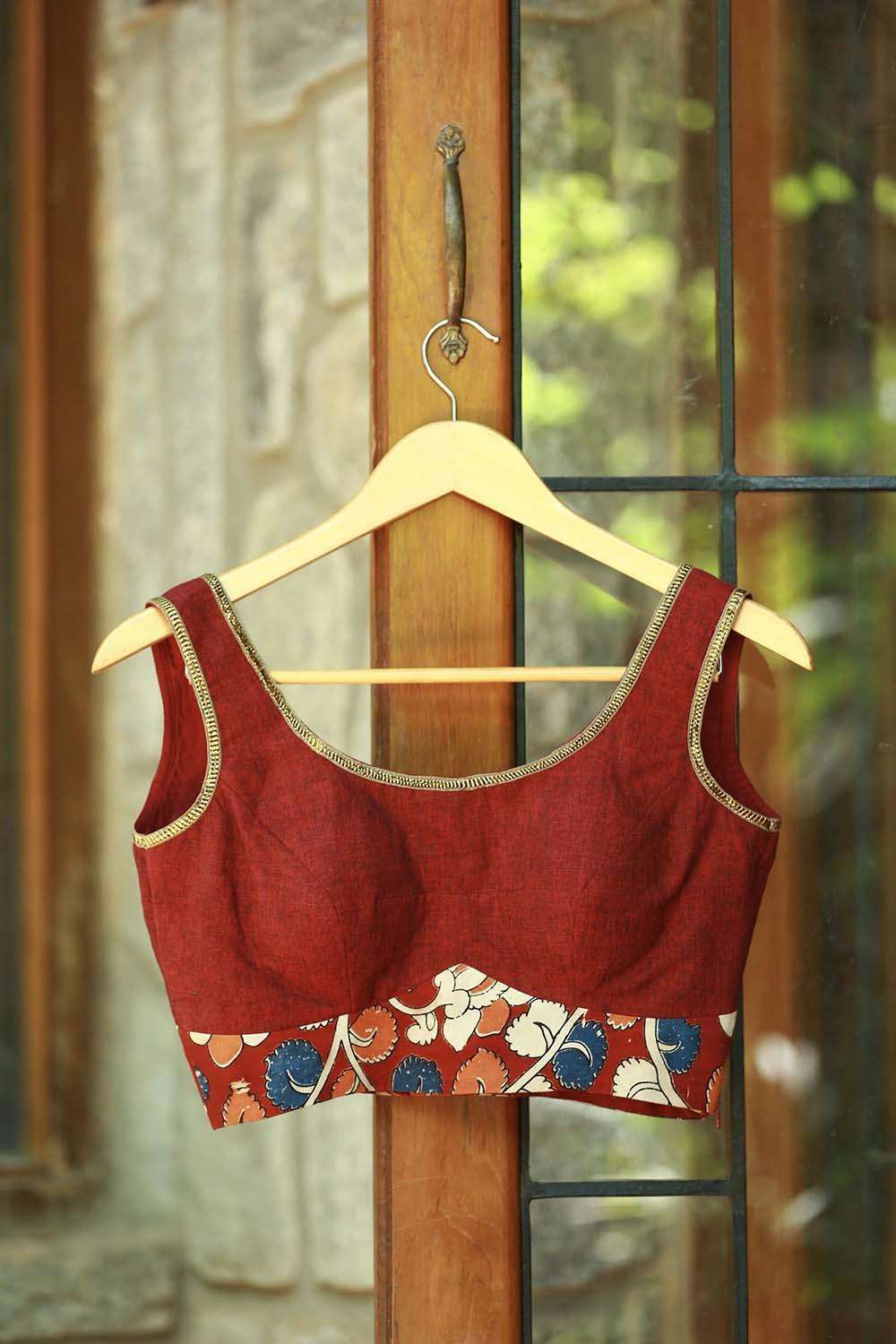 Maroon khadi sleeveless blouse with kalamkari band - House of Blouse