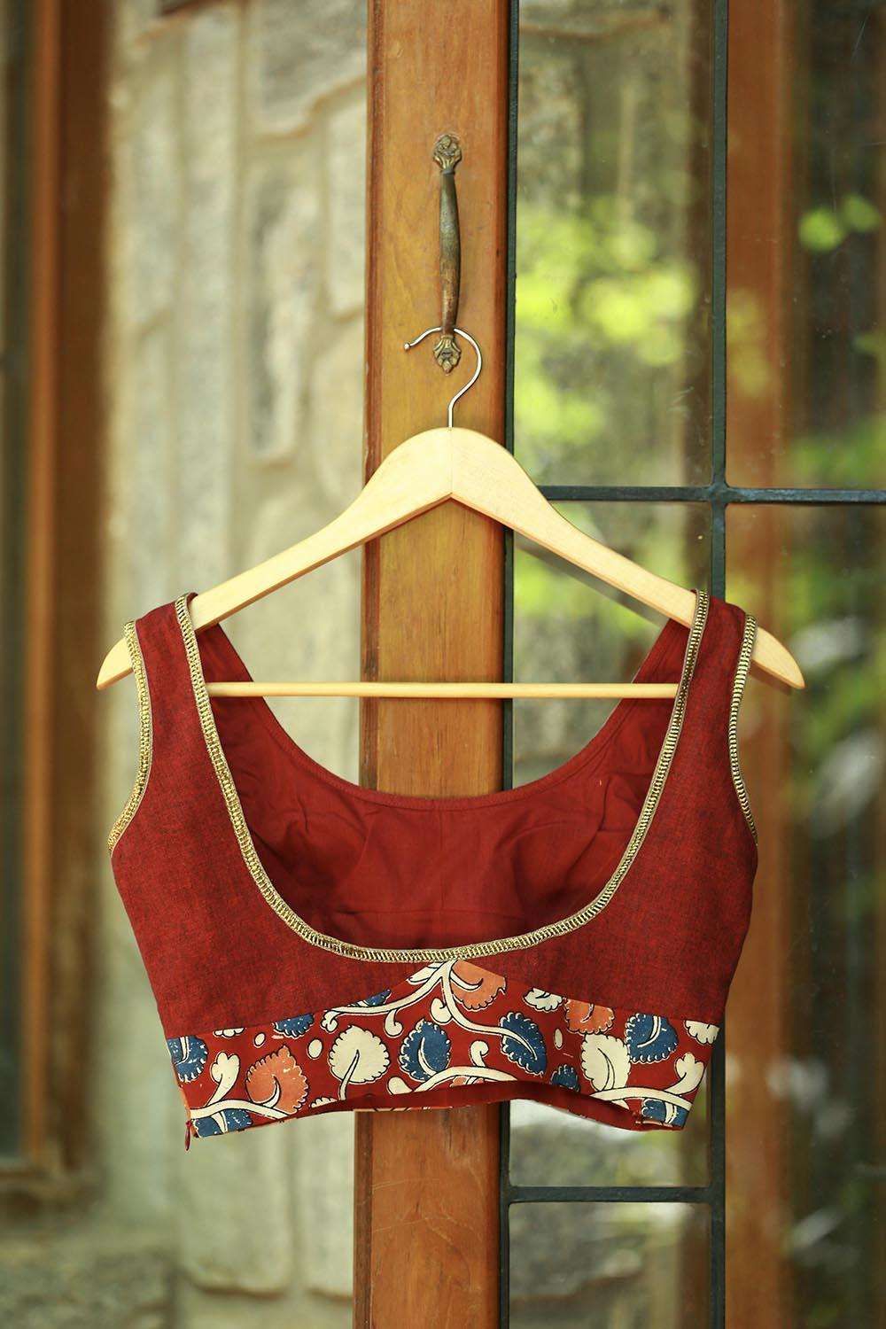 Maroon khadi sleeveless blouse with kalamkari band - House of Blouse