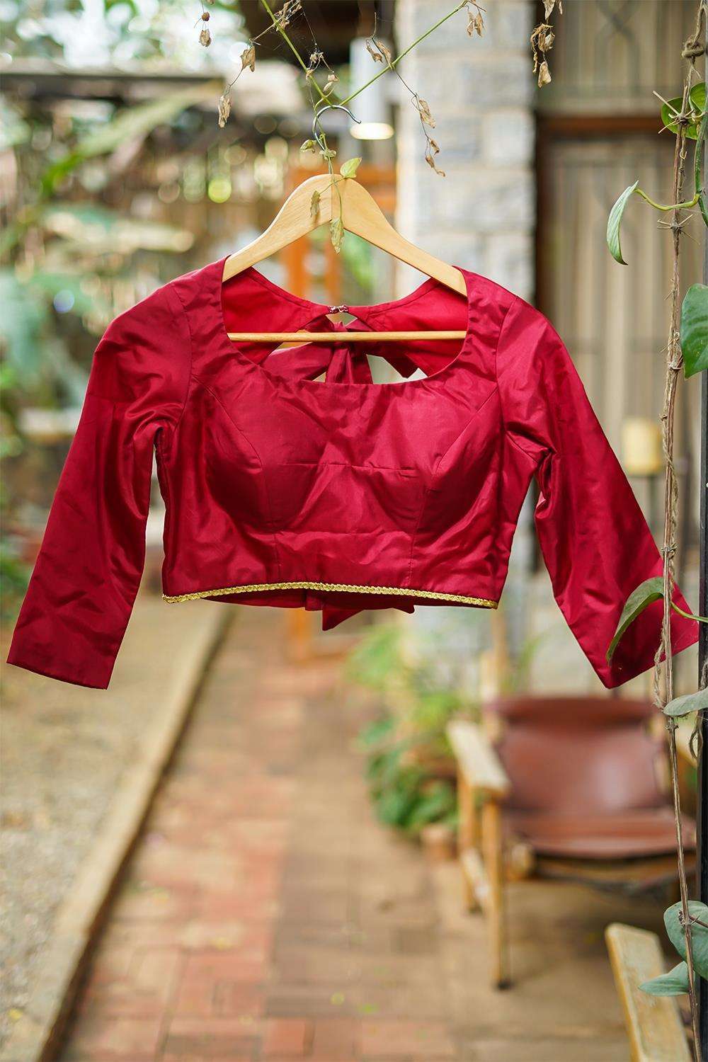 Maroon plain silk 3/4th sleeves blouse with tie back - House of Blouse