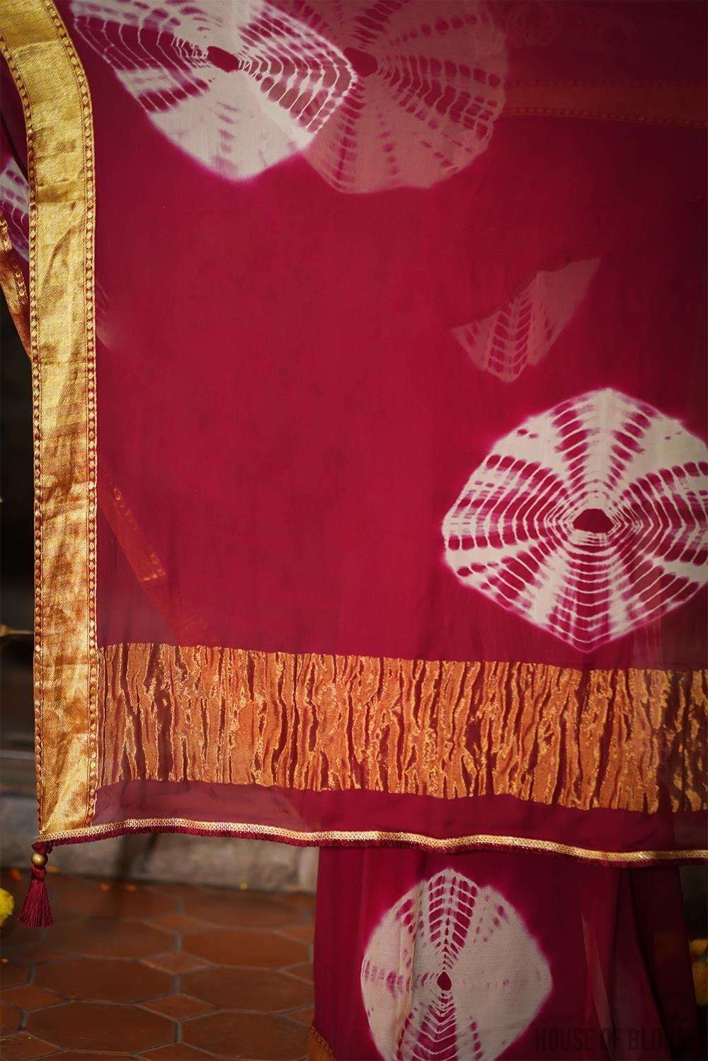 Maroon shibori dyed chiffon saree with zari border - House of Blouse