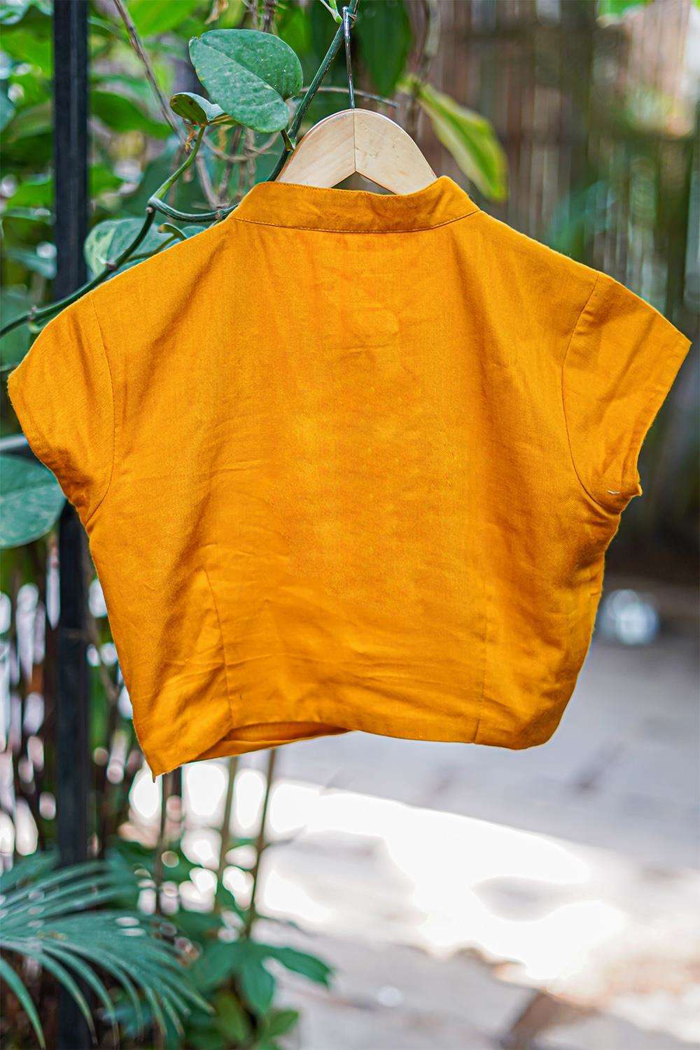 Mustard soft cotton hi neck blouse with gold lace and pom pom detailing - House of Blouse