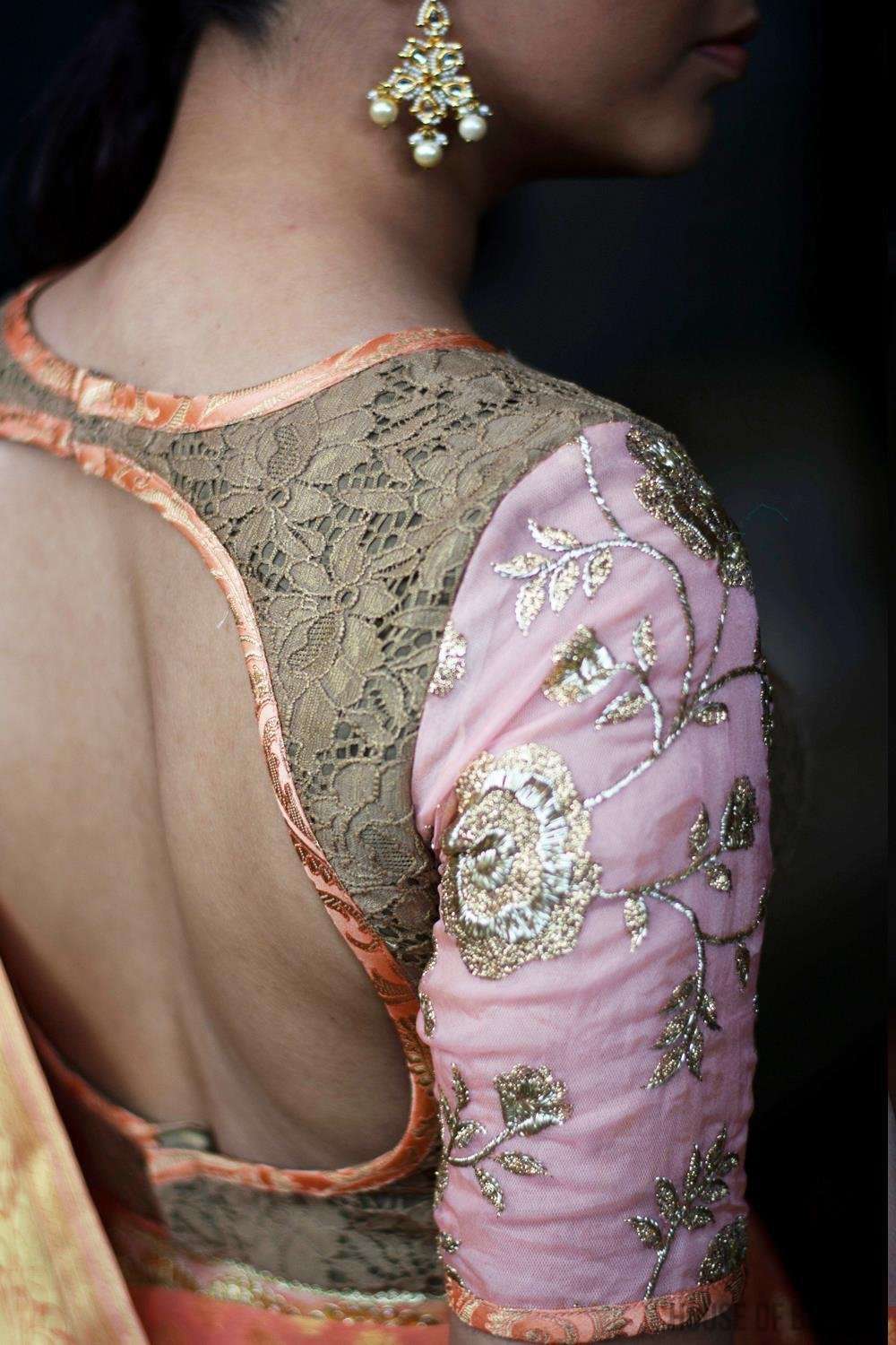Patchwork blouse in gold lace, peach brocade, and embroidered organza. - House of Blouse