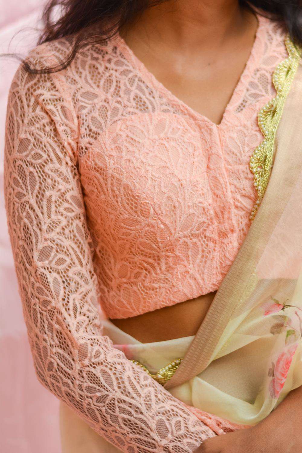 Peach pink lace sheer yoke blouse - House of Blouse