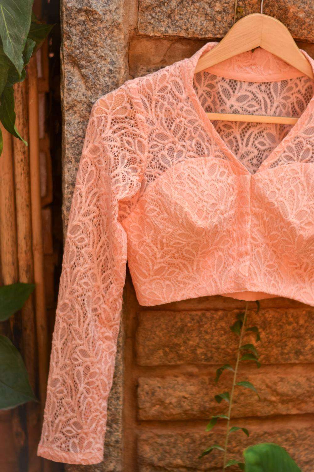 Peach pink lace sheer yoke blouse - House of Blouse