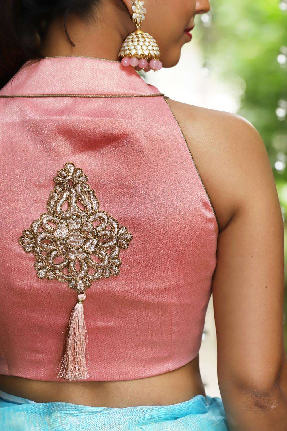 Peach pink shimmer georgette hi neck sleevless blouse with applique on back - House of Blouse