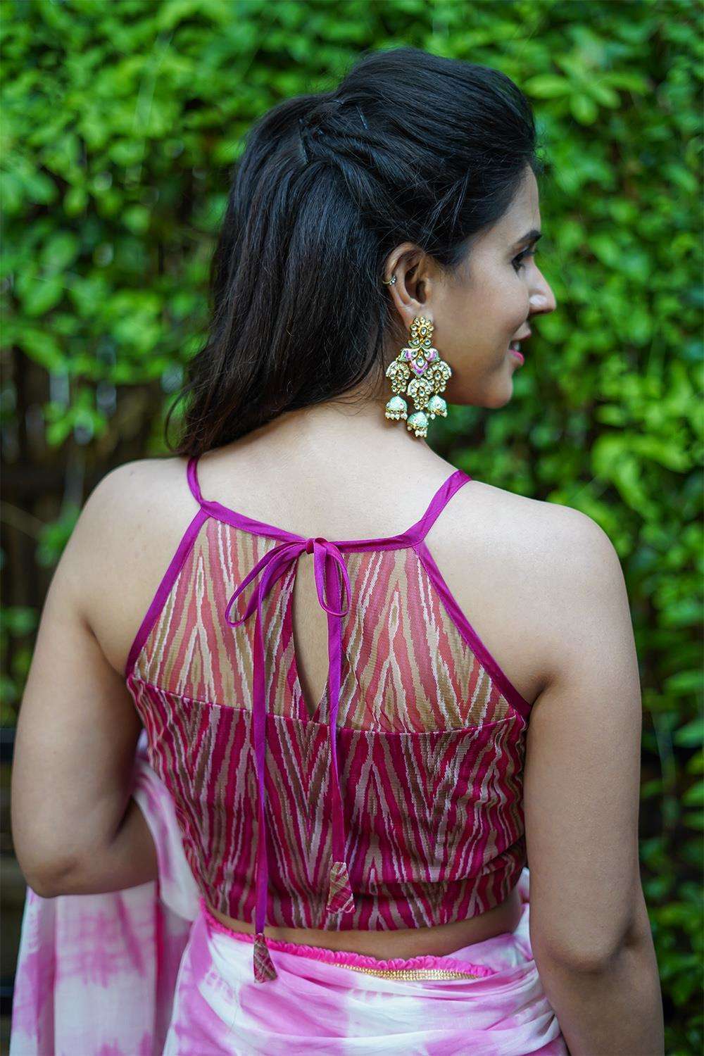 Pink geometric printed net halter blouse - House of Blouse