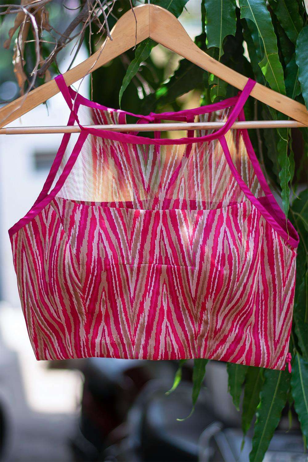 Pink geometric printed net halter blouse - House of Blouse