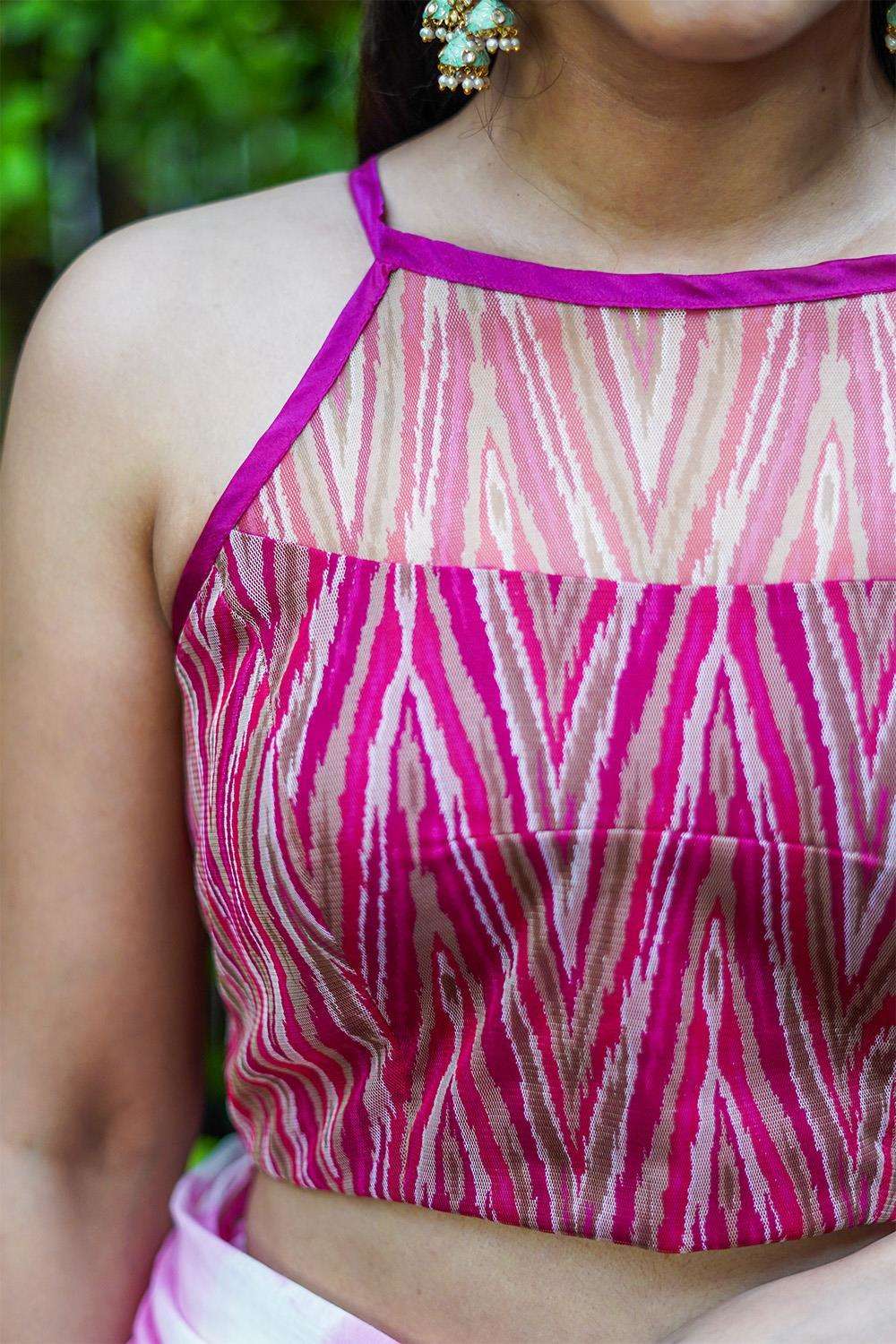 Pink geometric printed net halter blouse - House of Blouse