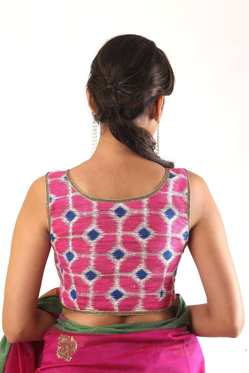Pink Ikat sleeveless blouse with zip detailing - House of Blouse
