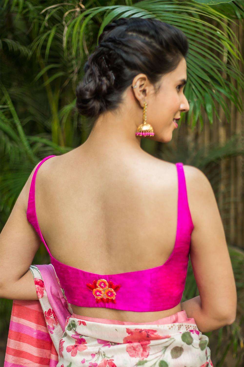 Pink raw silk sleeveless blouse with applique on back - House of Blouse
