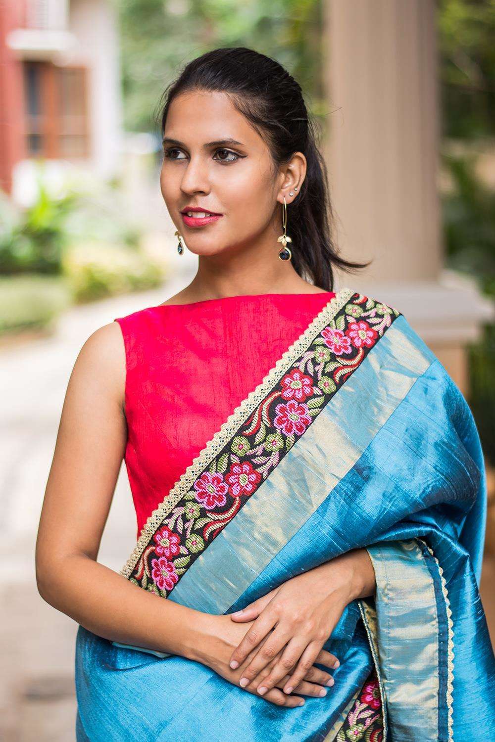 Pinkish red raw silk boatneck sleeveless blouse