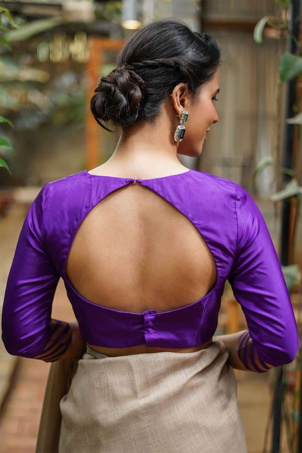 Purple silk rounded V neck blouse with brocade sleeve detailing - House of Blouse