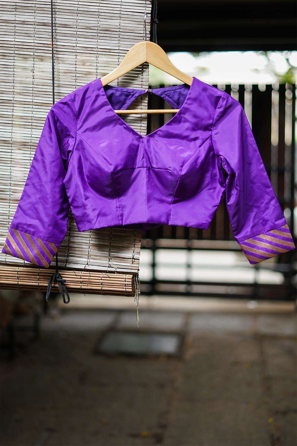 Purple silk rounded V neck blouse with brocade sleeve detailing - House of Blouse
