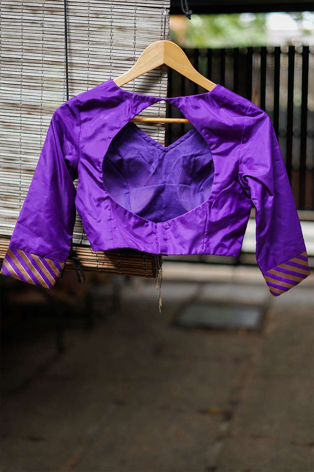 Purple silk rounded V neck blouse with brocade sleeve detailing - House of Blouse