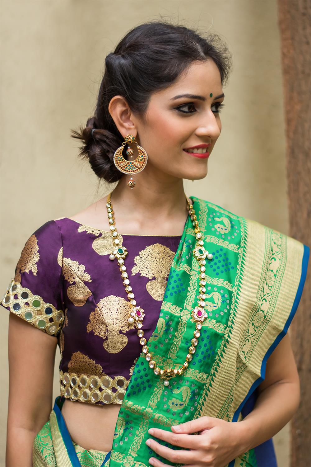 Purple brocade blouse with mirror work border - House of Blouse