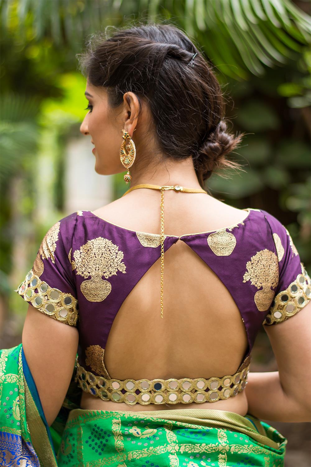 Purple brocade blouse with mirror work border - House of Blouse