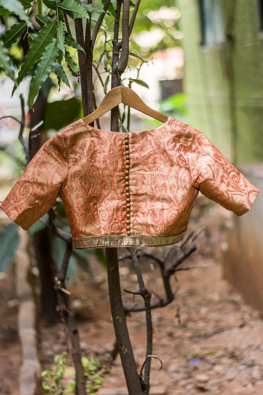 Peach and gold tissue brocade armband blouse