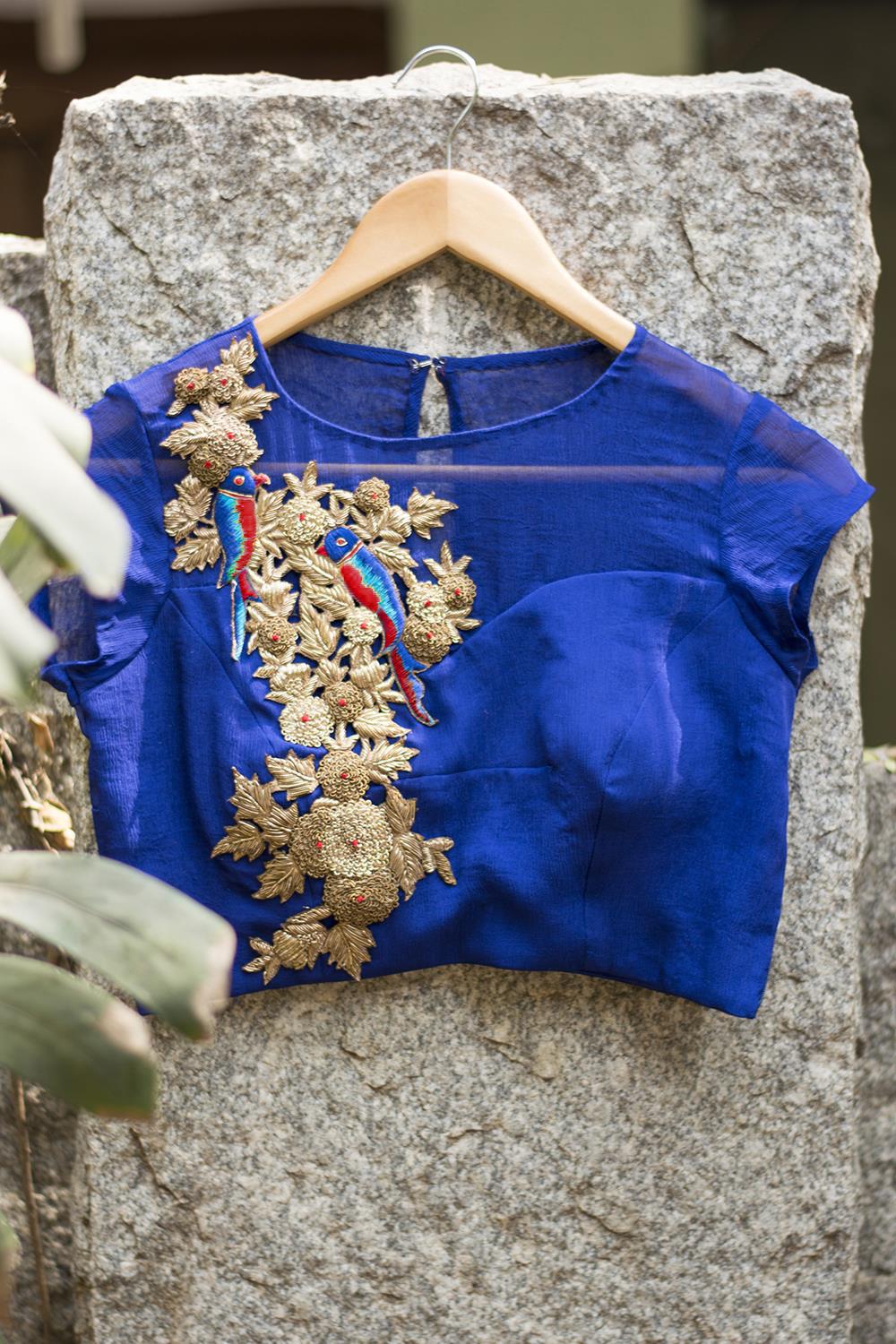 Ultramarine blue sheer yoke blouse - House of Blouse