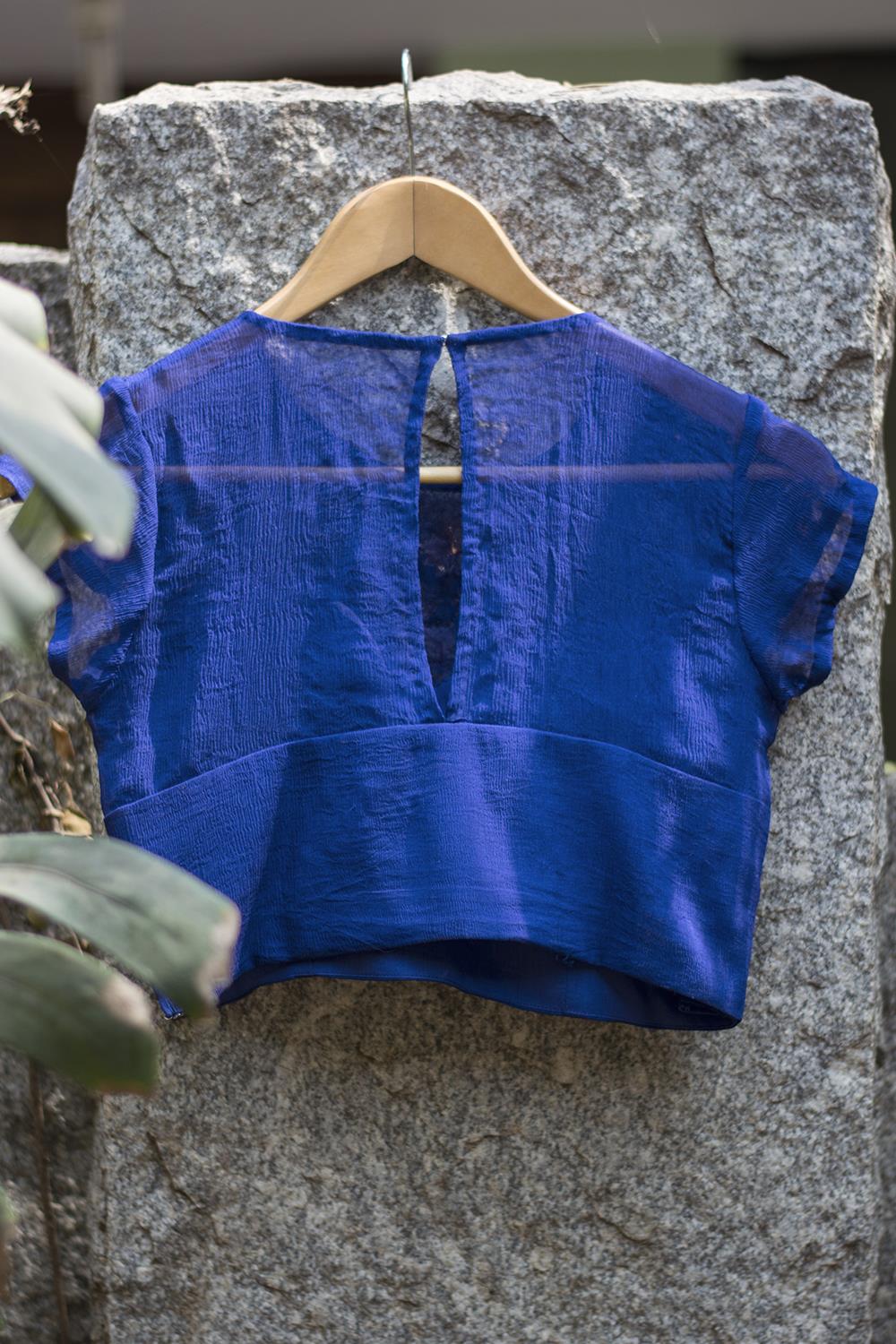 Ultramarine blue sheer yoke blouse - House of Blouse