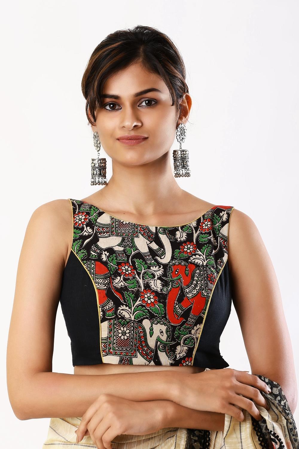 Black kalamkari rawsilk boatneck sleeveless blouse - House of Blouse