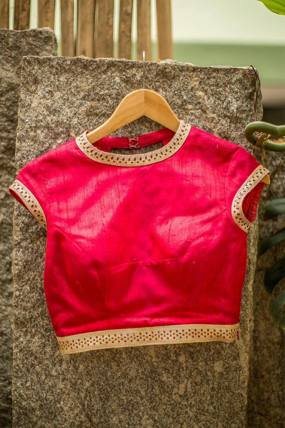 Red raw silk blouse with gold and multicolour border