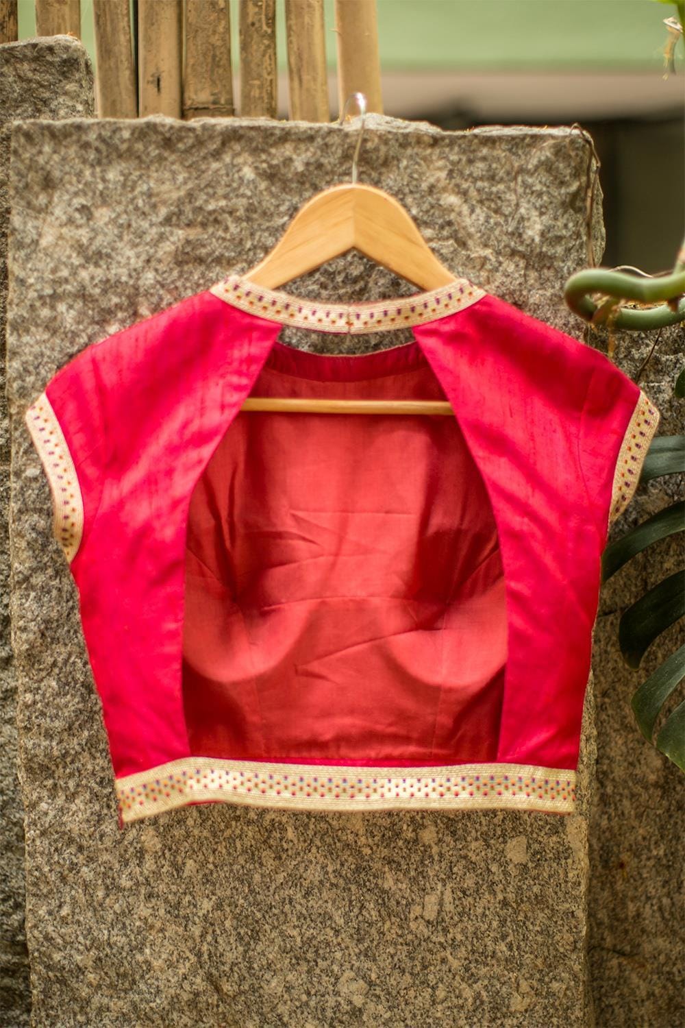 Red raw silk blouse with gold and multicolour border