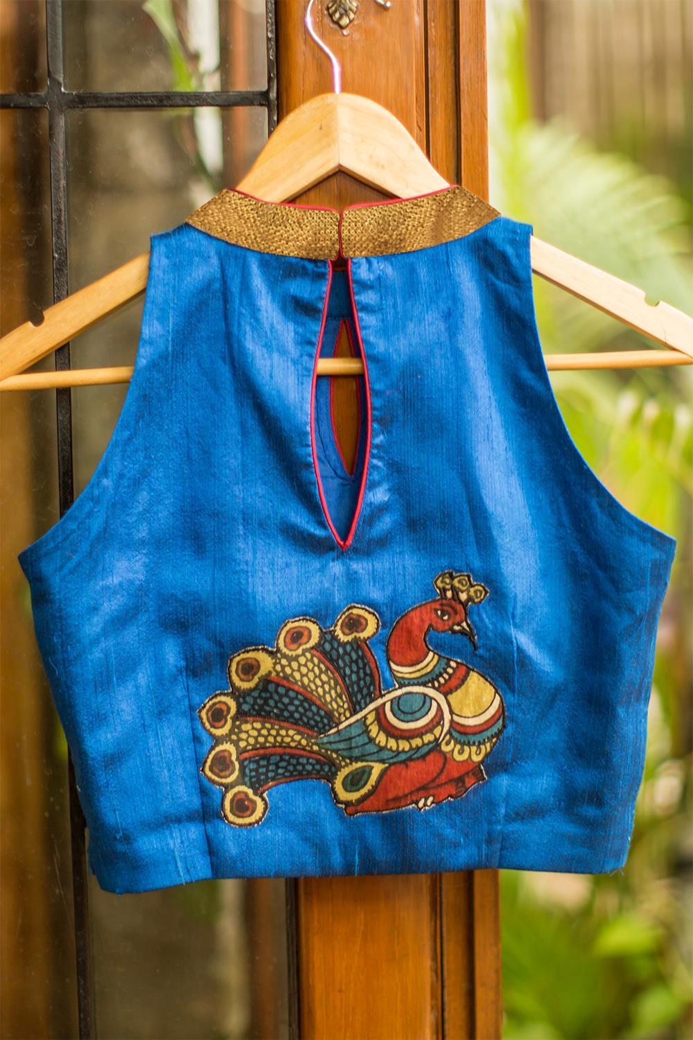 Blue raw silk high neck blouse with kalamkari applique