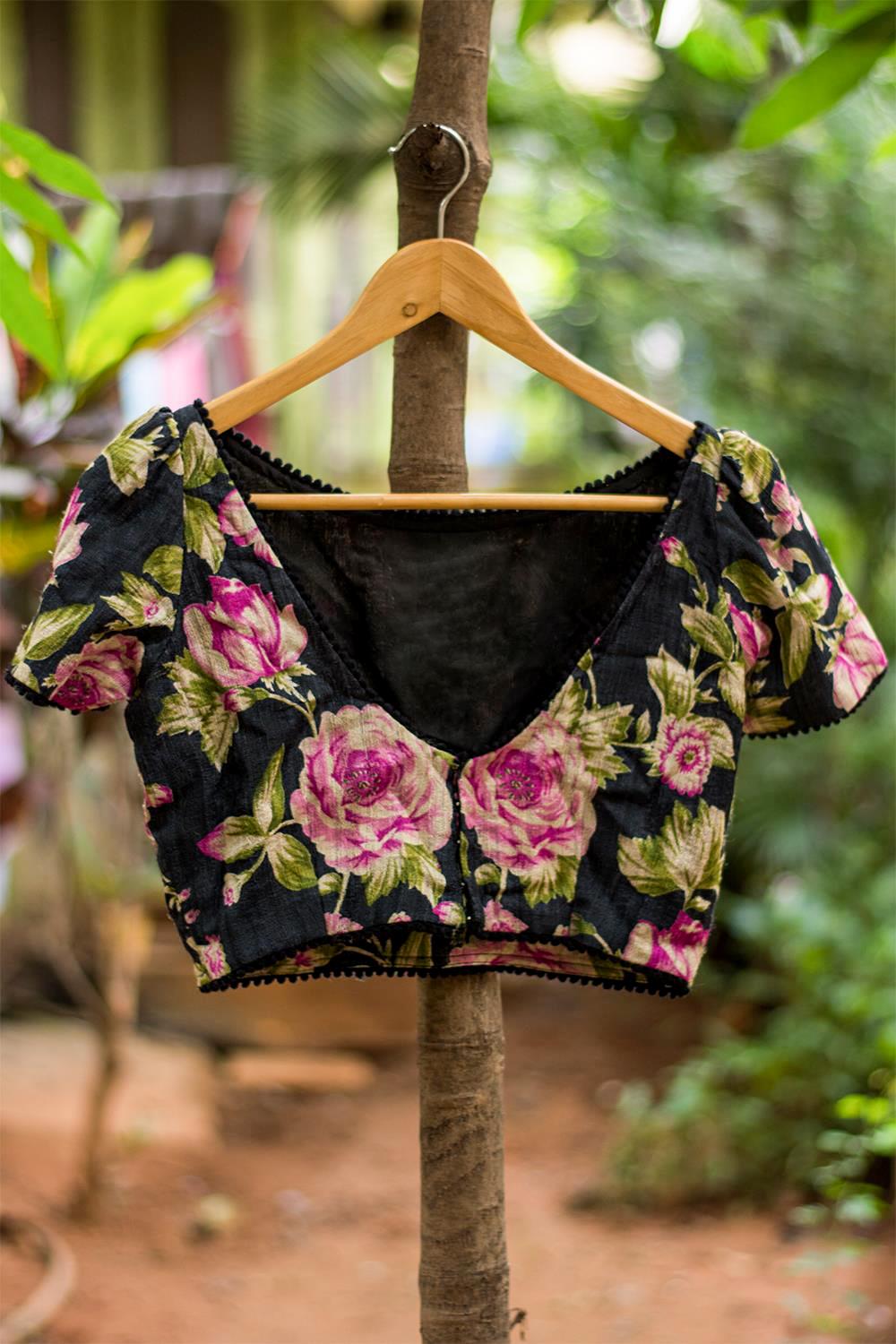 Black floral boatneck handspun & pure muslin blouse with puff sleeves - House of Blouse
