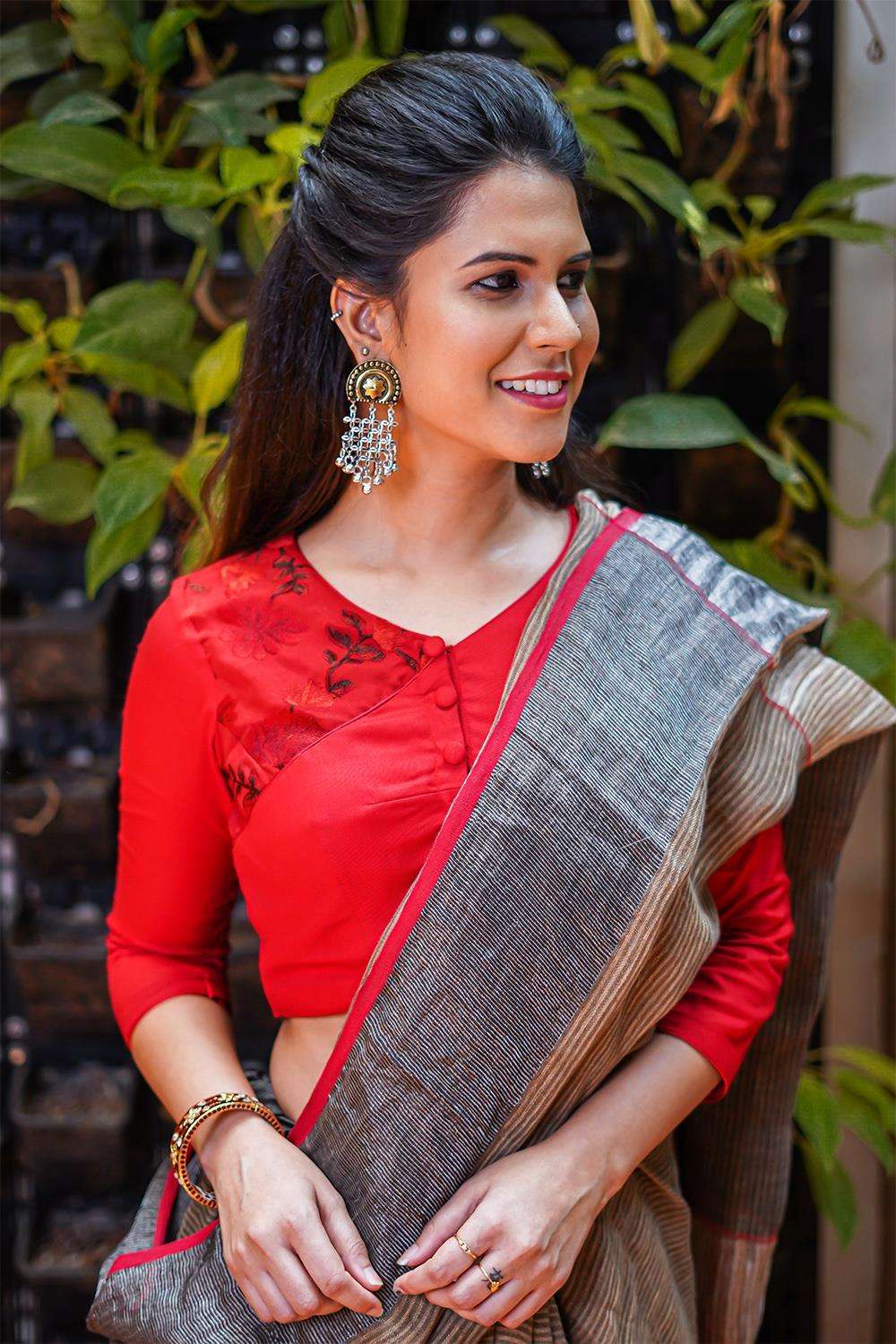 red v neck blouse