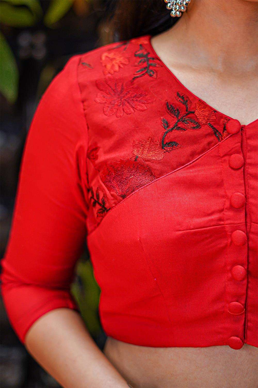 Red soft cotton and threadwork V neck blouse with button detailing - House of Blouse