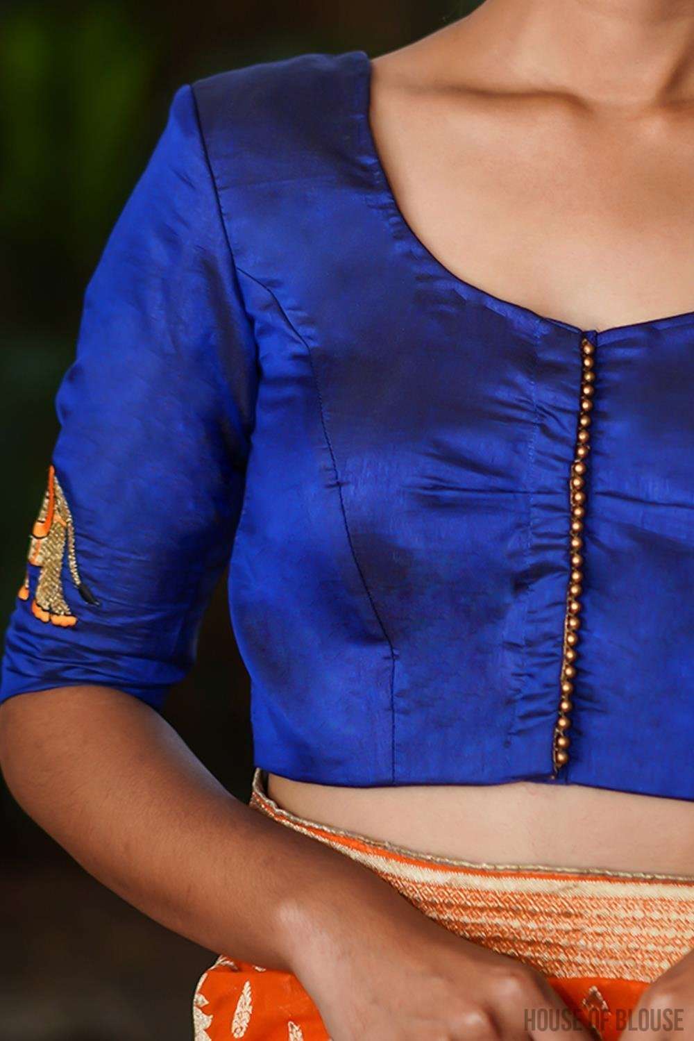 Royal blue semi silk blouse with embroidered elephant appliques - House of Blouse