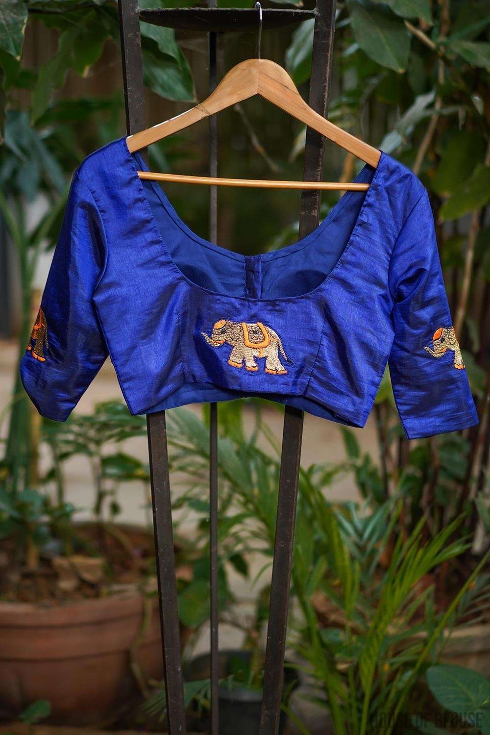 Royal blue semi silk blouse with embroidered elephant appliques - House of Blouse