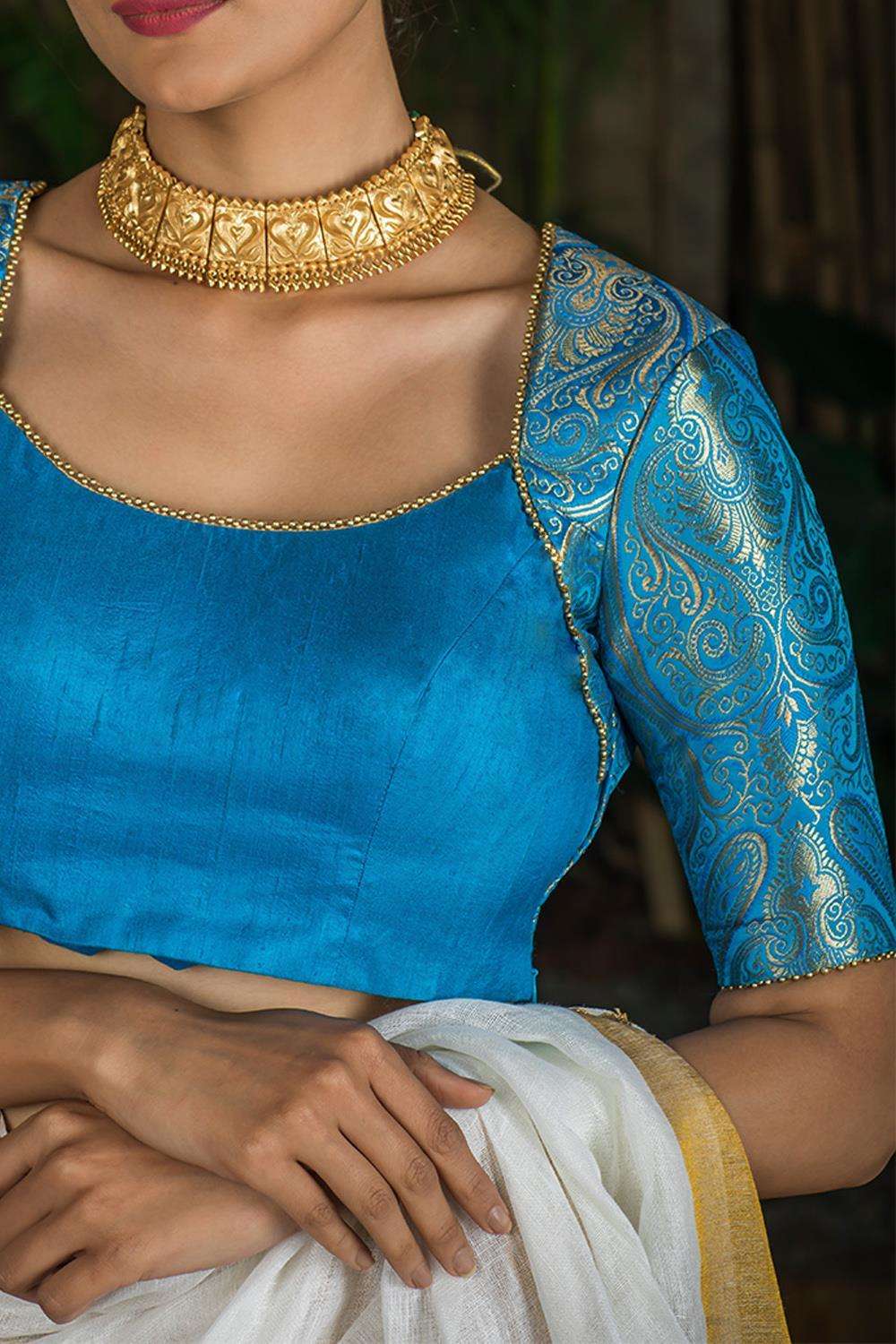 Sky blue brocade armband blouse with double tie back - House of Blouse