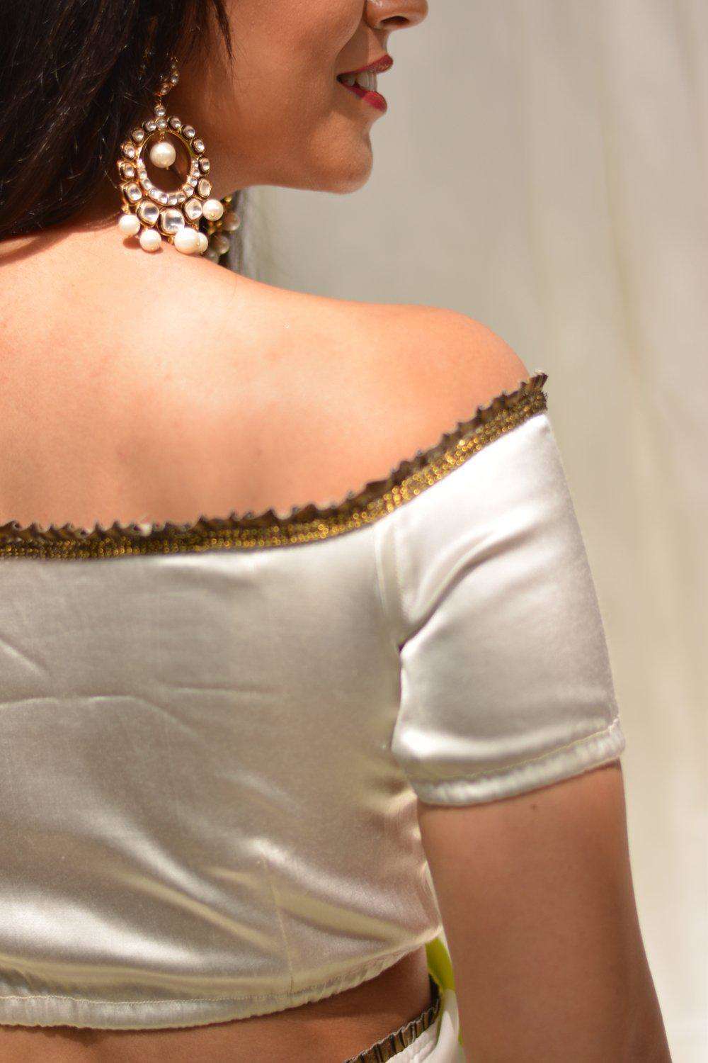 White stretch satin off-shoulder blouse with gold frill edging - House of Blouse