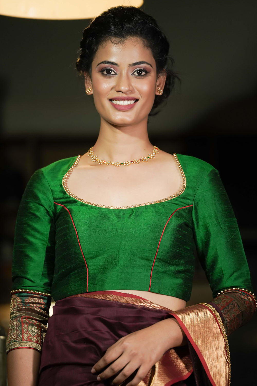 Emerald green raw silk pot neck blouse