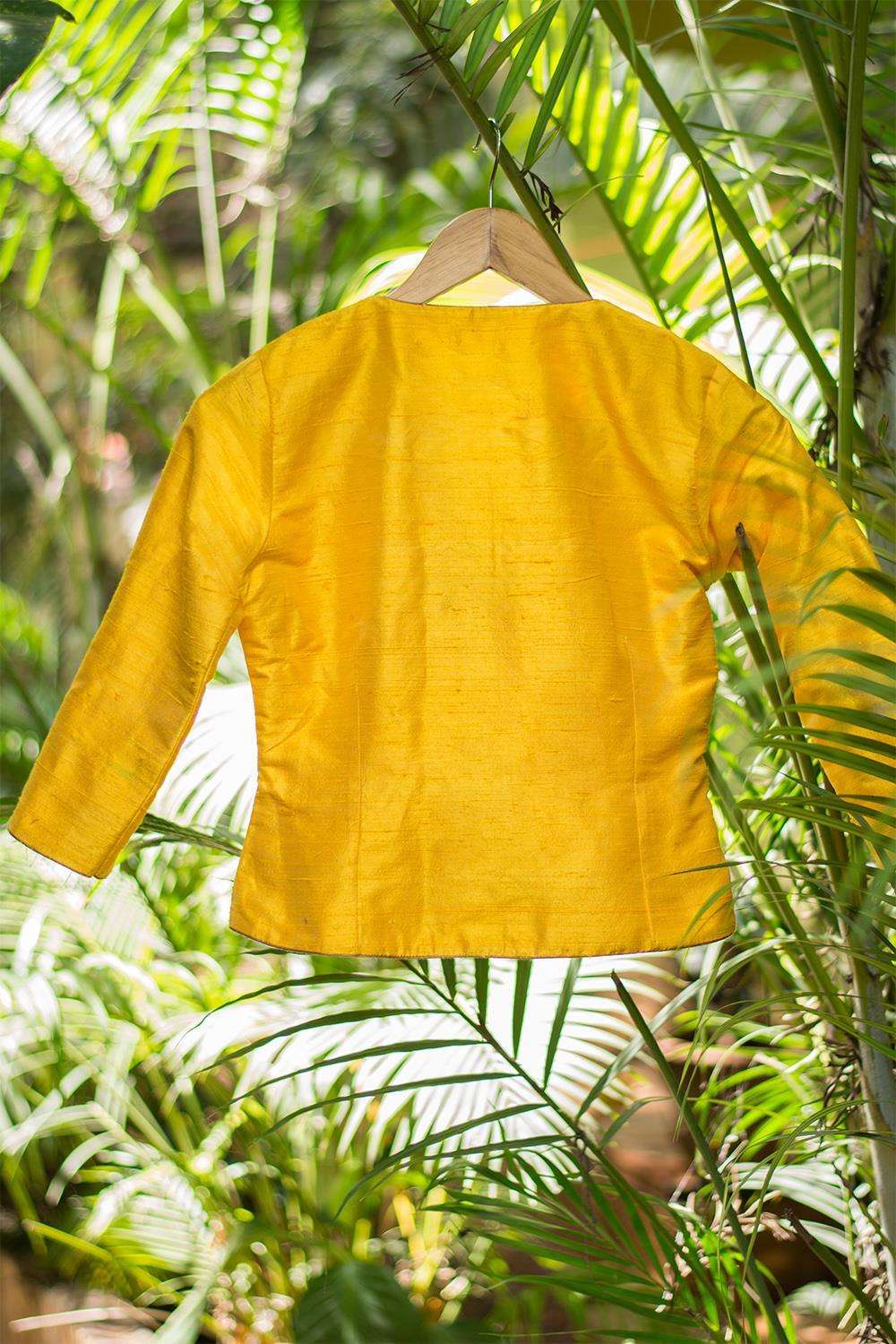 Yellow raw silk jacket blouse with gold brocade collar - House of Blouse